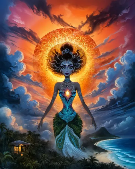 alluring woman, tropical resort, epic sunset, dramatic clouds, (fractal details)
 traditional media, traditional painting, drawing Tim Burton Style psychedelic art, drdjns style