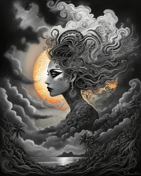 alluring woman, tropical resort, epic sunset, dramatic clouds, (fractal details)
 traditional media, traditional painting, monochrome, drawing Tim Burton Style psychedelic art, drdjns style