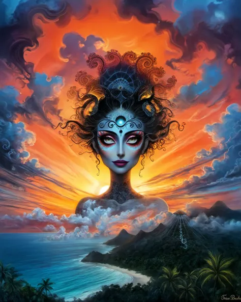 alluring woman, tropical resort, epic sunset, dramatic clouds, (fractal details)
 traditional media, traditional painting, drawing Tim Burton Style psychedelic art, drdjns style