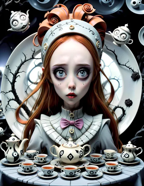 Asuna, with her ethereal anime beauty, finds herself in a Tim Burton-themed tea party. The table, set with geometrically impossible teacups and plates, becomes a stage for surreal conversations. Asuna's eyes, reflecting the peculiar geometry around her, hold a mixture of amusement and intrigue. The Mad Hatter, wearing a coat adorned with anime-style illustrations, pours tea from a teapot shaped like a Möbius strip. It's a whimsical blend of anime magic and Burtonesque madness, where reality bends and fantasy takes flight.,(hand drawn with pencil:1.15), (tim burton style:1.27), ,