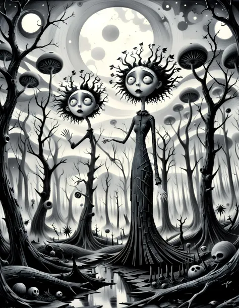 monochrome (pencil scektch:1.3),(she:1.15) In a Tim Burton-inspired forest, peculiar trees with angular branches reach towards the sky.The juxtaposition of Burton's peculiar charm and the mesmerizing allure of geometry gives birth to a truly enchanting and captivating scene.,(hand drawn with pencil:1.15), (tim burton style:1.27), ,