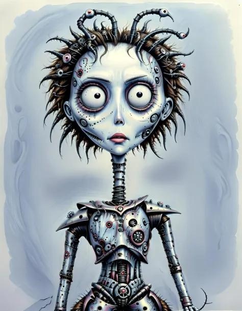 1girl as a cyborg in ,hand drawn, tim burton style, (c1bo:1.05) ,