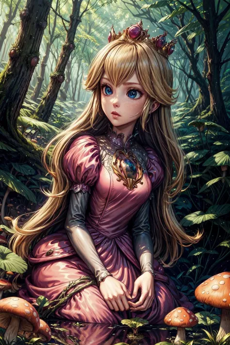 dark art, thick outlines, comics, photorealistic, perfect hands, masterpiece:1.2, mushrooms, forest, day, 1 girl, <lora:Princess...