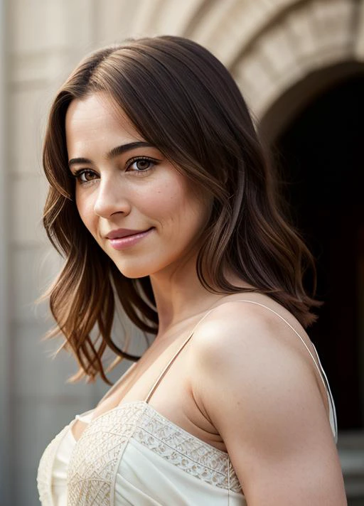 a woman in a white dress posing for a picture