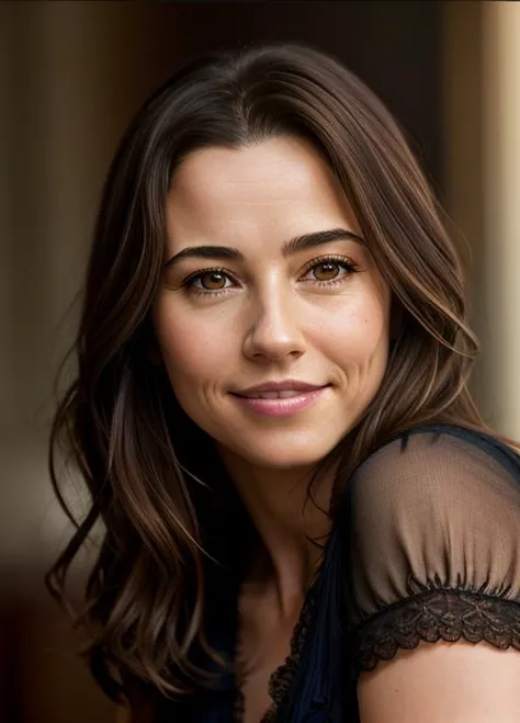 a close up of a woman with a black dress and a smile