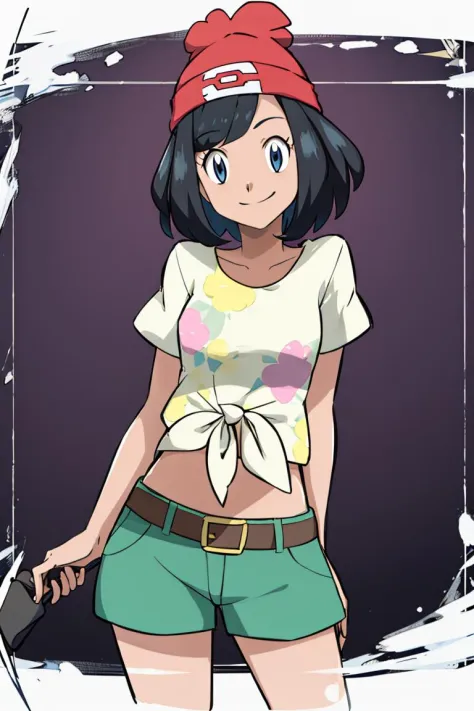 <lora:noelia_ponce_style:0.8>,((masterpiece,best quality)), absurdres,  <lora:selene_(pokemon)_v1:0.7>,  selene \(pokemon\), solo, grey eyes, black hair, green shorts, red headwear, beanie, shirt, tied shirt, floral print, short hair, short sleeves, short shorts, striped, yellow shirt, belt, midriff,  solo, smiling, looking at viewer, cowboy shot,  cinematic composition, contrapposto,