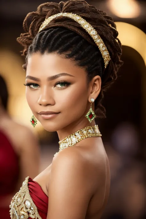 a woman with a red dress and a gold headband