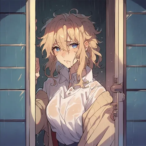 anime girl looking out of window with rain coming down