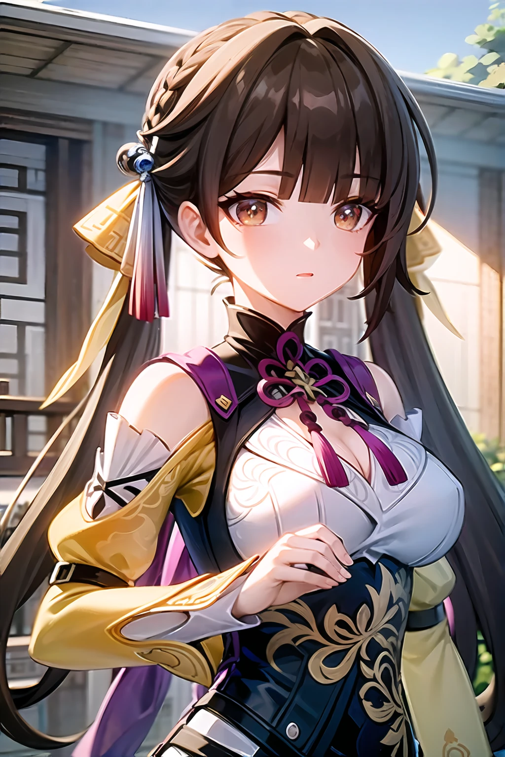 (8k,  RAW photo, best quality, masterpiece:1.2,ultra-detailed, official art, unity 8k wallpaper), 1girl,  SushangV4,  solo, long hair,  large breasts, hair ornament, long sleeves, dress, cleavage, bare shoulders, closed mouth, holding long sword, braid, chinese clothes,(outdoors, ancient Chinese architecture :1.5),rendered in blender((isometric)),