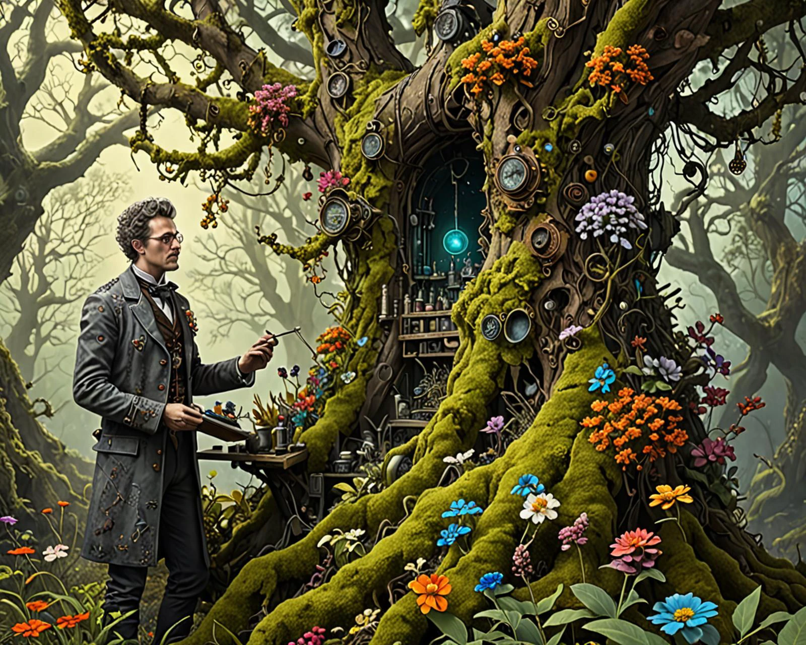 Botânico masculino de arte surrealista, laboratório em árvore incrustada de líquen , alta resolução, realista, plantas, flores, steampunk, Destaques do arco-íris . sonhe como, misterioso, provocante, simbólico, intricado, detalhado