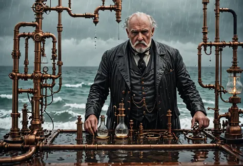 cinematic photo dripping wet old steampunk man and dripping wet laboratory equipment, large ocean waves, ripples, rain, steampun...