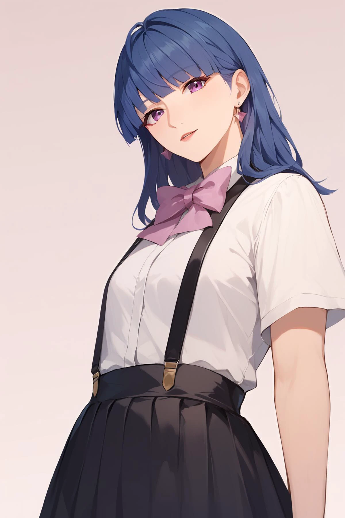 furude rika, blue hair, purple eyes,white shirt, pink bow, suspenders, black skirt, Score_9, Score_8_up, Score_7_up, Score_6_up, Score_5_up, Score_4_up, BREAK,1girl in full growth, best quality, masterpiece, ultra-detailed, high quality,good quality,1 girl,(master piece,high resolution, ultra detailed,8K,16K),look at viewer