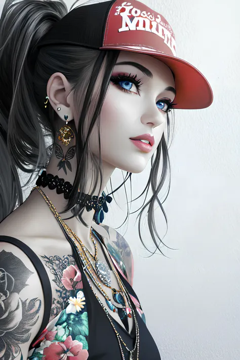 1girl, solo, jewelry, hat, realistic, piercing, earrings, black hair, necklace, baseball cap, blue eyes, ear piercing, ponytail,...