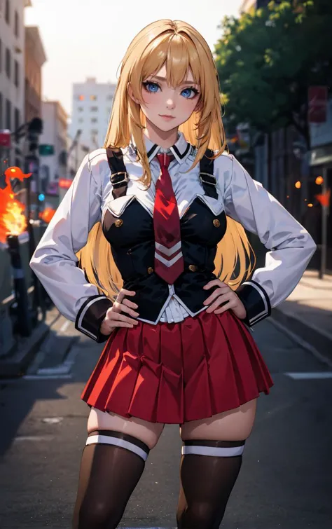 ((masterpiece, best quality)), insaneres, absurdres, solo, outdoors,
CLOTHING_BibleBlack_SchoolDress_ownwaifu, 
1girl, blonde hair,  long hair, blue eyes, 
black vest, red skirt, white shirt, collared shirt, suspenders, school uniform, black thighhighs, zettai ryouiki, necktie, long sleeves, pleated skirt, red necktie, 
(contrapposto, hand on hip)<lora:CLOTHING_BibleBlack_SchoolDress_ownwaifu:1>,
lens flare, depth of field, bokeh, embers, vanishing point, looking at viewer,