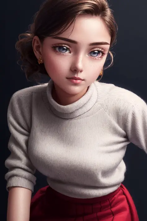 illustration, anime style,  (masterpiece, best quality, ultra-detailed, highres), perfect face, sidelighting, lustrous skin,(bloom), (shine), lighting, ray tracing,1girl, solo, brown hair, sweater, brown eyes, skirt, yellow sweater, hair bow, pink skirt, freckles, bow, pink bow, lips, turtleneck, upper body, curly hair, breasts, turtleneck sweater, parted lips, jewelry, depth_of_field,very detailed background, highly detailed background, Masterpiece, Ultra detailed, great composition,Dynamic angle,[Bottle bottom],(wide shot), extremely delicate and beautiful,(Highest picture quality), (Master's work),   depth of field, solo, extreme light and shadow, masterpiece, rich in detail, (fine features), (highest quality), (masterpiece), (detailed eyes), (beautiful) detailed,beautiful detailed eyes,(straight-on), full body, (extremely detailed CG unity 8k wallpaper),(masterpiece), (best quality), (ultra-detailed), (best illustration),(best shadow),perfect lighting , perfect anatomy