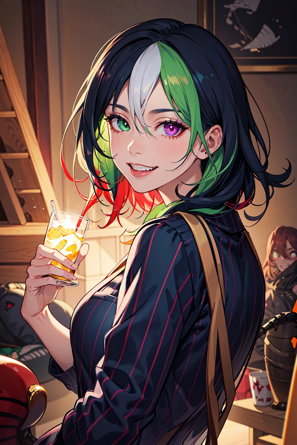 Beetlejuice, official art, 1girl, solo,(demonic, semi realistic, demonic, shiny skin, textured skin),holographic eyes, heterochromia, purple eyes, striped jacket,striped shirt, two tone hair, streaked hair, multicolored hair,  red hair, green hair, wild hair, evil scene,teeth, side lighting,  ray tracing, depth of field, solo, extreme light and shadow, masterpiece, post apocalyptic, sexy, beautiful , scary, rich in detail,(detailed eyes), (handsome) detailed, (dirt splotches), (horror theme), (beetlejuice), detailed eyes,(straight-on),(masterpiece), (best quality), (ultra-detailed), (best illustration),(best shadow),rim lighting, beetlejuice, ((Beetlejuice)), crazy grin, crazy expression,