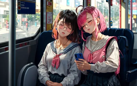 two women in sailor costumes sitting on a bus looking at a cell phone