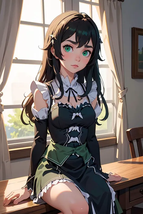 (masterpiece, best quality), 1girl,  frederica baumann, long hair, bangs, hair between eyes, (green eyes:1.5), long sleeves, dress, ribbon, frills, puffy sleeves, apron, black dress, maid, maid headdress, black ribbon, neck ribbon, waist apron, white apron, roswaal mansion maid uniform,