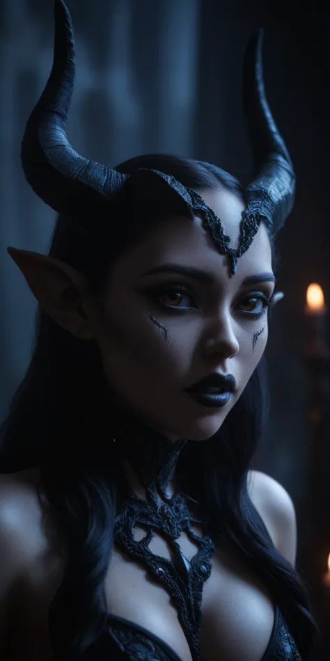 a woman with horns and makeup posing for a photo