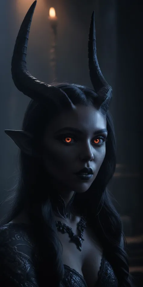 a woman with horns and red eyes in a dark room