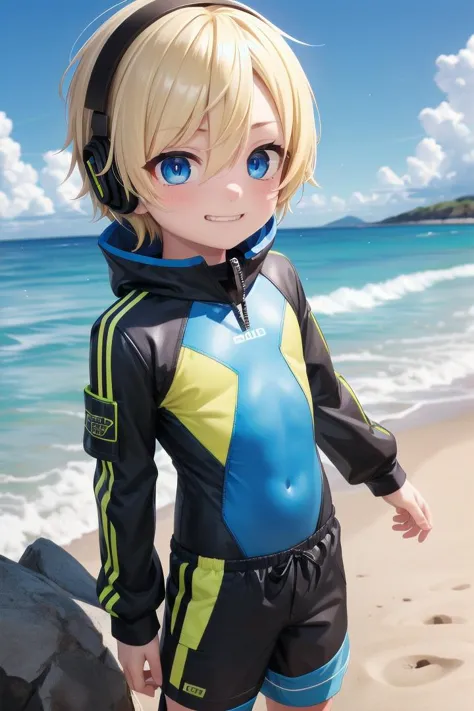 (1boy:1.4), (very short hair), crew cut, (solo:1.4), sfw, (bulge:0.4), male character, ((masterpiece)),
multicolored background, hair between eyes, highlight in eyes, (blonde hair:1.4)
(blue rashguard :1.1), (hot pants:1.2) , colorful eyes,  male character, male focus,
multiple details, sky, sea, beach , outside, short hair, handsome,  beautiful eyes (vocaloid), delicate features, high light in eyes, (narrow chin:1.5), triangle chin, (introvert:1.6)
petite, young, juvenile, short hair, male face, detailed beautiful little boy, adorable boy, sparkling eyes,
evil grin,  energetic eyes