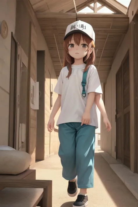 anime girl in white shirt and blue pants walking down a hallway