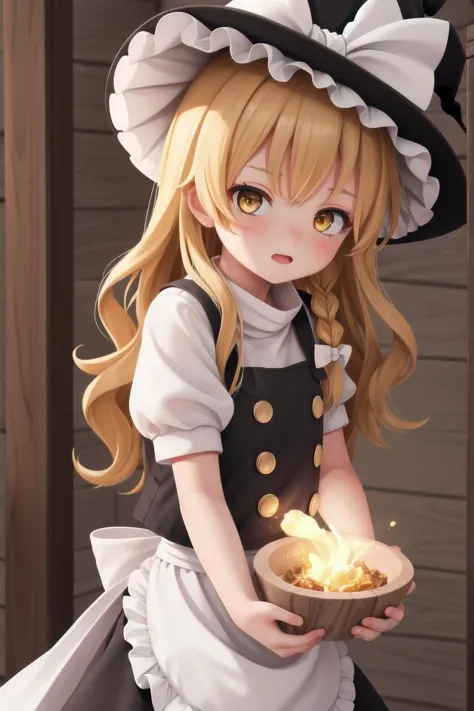 <lora:marisa:0.7> 1girl, blonde hair, witch hat, yellow eyes, long hair, vest,apron, bow, short sleeves, hat bow, braid, puffy s...
