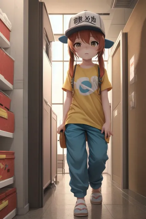 anime girl in yellow shirt and blue pants walking down a hallway