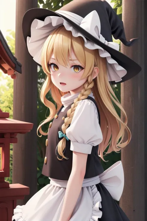 <lora:marisa:0.7> 1girl, blonde hair, witch hat, yellow eyes, long hair, vest,apron, bow, short sleeves, hat bow, braid, puffy s...