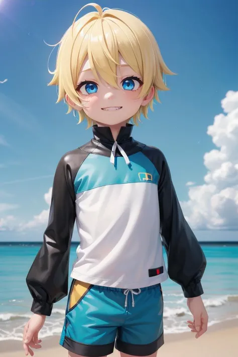 (1boy:1.4), (very short hair), crew cut, (solo:1.4), sfw, (bulge:0.4), male character, ((masterpiece)),
multicolored background, hair between eyes, highlight in eyes, (blonde hair:1.4)
(blue rashguard :1.1), (hot pants:1.2) , colorful eyes,  male character, male focus,
multiple details, sky, sea, beach , outside, short hair, handsome,  beautiful eyes (vocaloid), delicate features, high light in eyes, (narrow chin:1.5), triangle chin, (introvert:1.6)
petite, young, juvenile, short hair, male face, detailed beautiful little boy, adorable boy, sparkling eyes,
evil grin,  energetic eyes