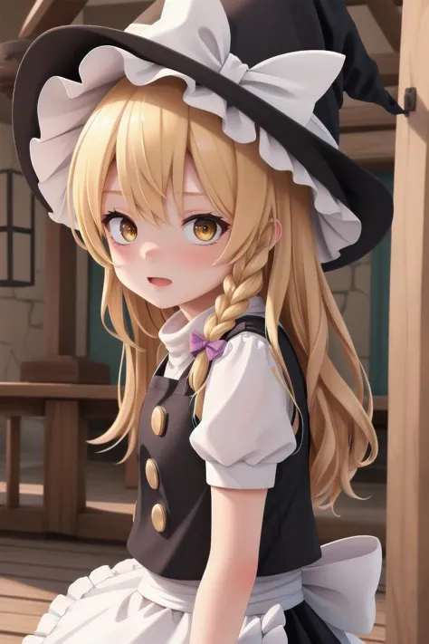 1girl, blonde hair, witch hat, yellow eyes, long hair, vest,apron, bow, short sleeves, hat bow, braid, puffy sleeves, skirt, kirisame marisa,
wooden shrine,
The soft lighting and detailed surroundings create an immersive environment where imagination runs wild hyper-detailed, hyper-detailed face, high quality visuals, dim Lighting, sharply focused, octane render, 8k UHD