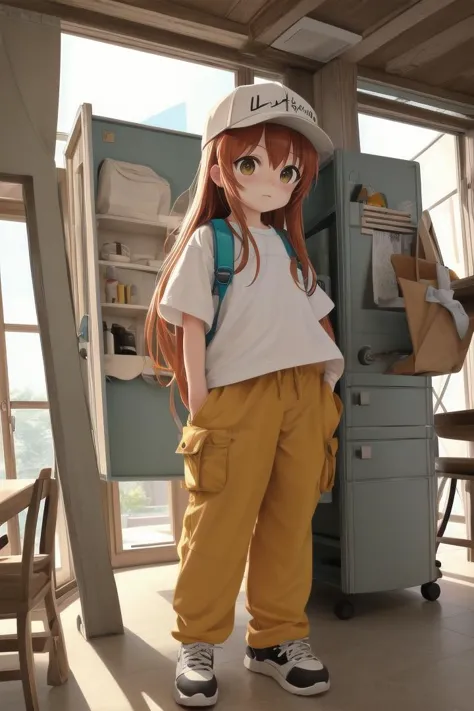 anime girl in a white shirt and yellow pants standing in a kitchen