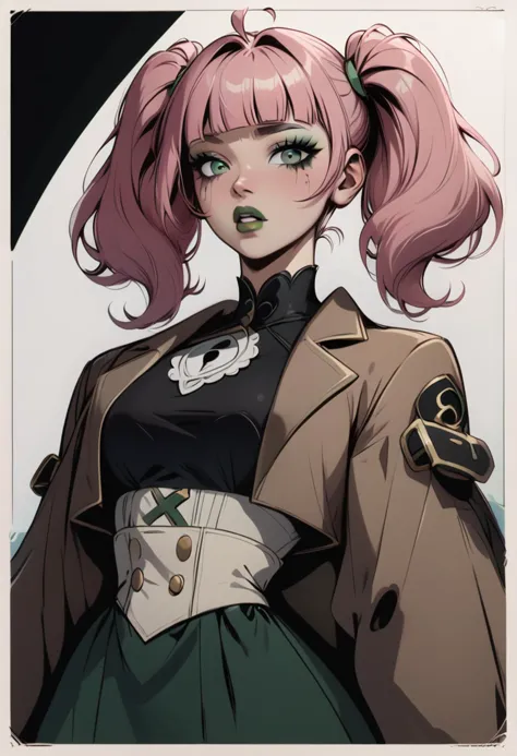 score_9, score_8, score_7, score_6, 1girl, pink hair, double twintails, medium hair, ahoge, diagonal bangs, blunt  bangs,  green eyes, parted lips, mascara, green lips, eyeshadow, makeup, medium breasts, brown coat, underbust, high waist skirt,  blackedwear,