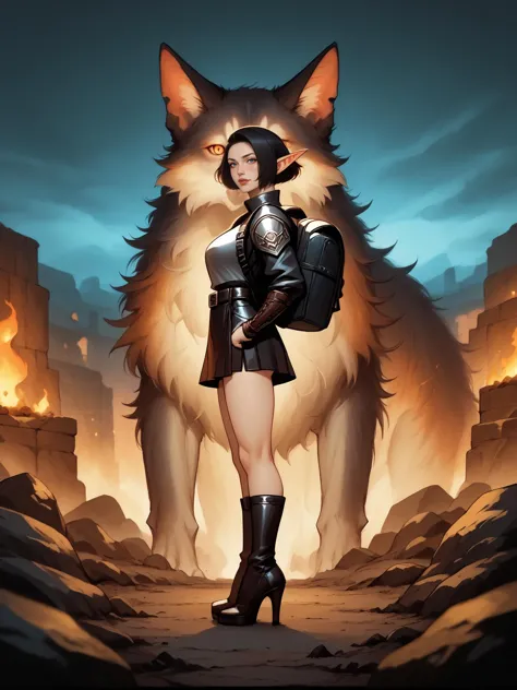 a woman in a leather outfit standing next to a large wolf