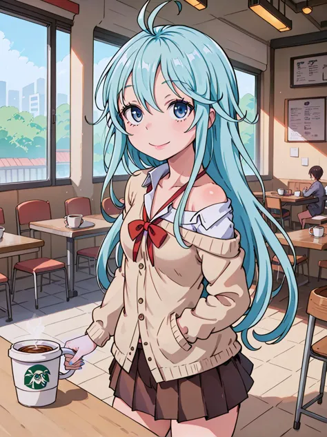 anime girl with blue hair and a coffee cup in a cafe