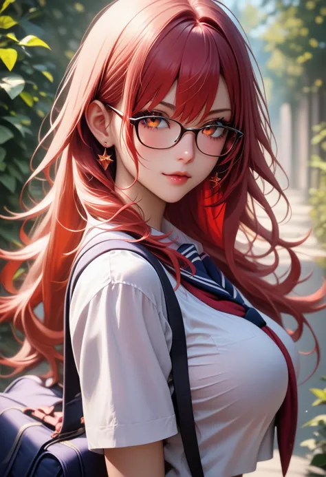 score_9, score_8_up, score_7_up, zPDXL2, long hair, straight hair, red hair color, glasses, school uniform, large breasts, schoo...