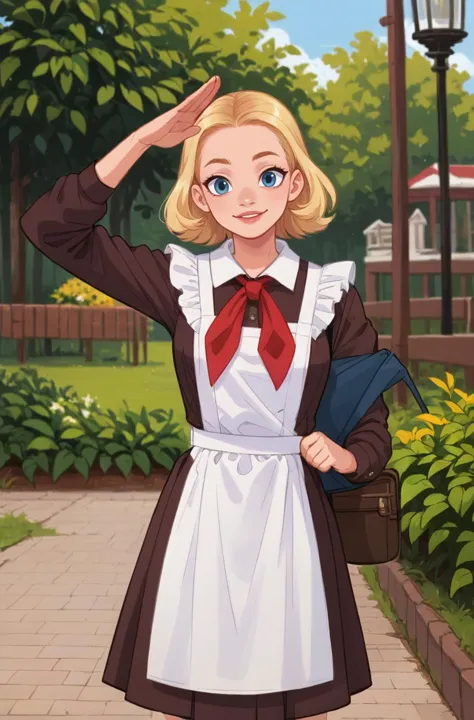 1girl,blonde,(solo:1.5),( one arm salute:1.2),outdoors
white apron,brown dress,long sleeves,red neckchief,cccpuniform,
 <lora:èå¼æ ¡æ:0.85>  <lora:Mooné£æ ¼XL:1>, score_9, score_8_up, score_7_up, score_6_up, score_5_up, score_4_up,zPDXL