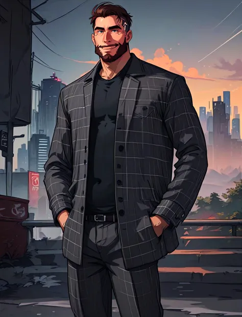 score_9,score_8_up,score_7_up, man in checkered suit, long beard, smile, hands in pockets, cyberpunk scenery <lora:BulbaComicPon...