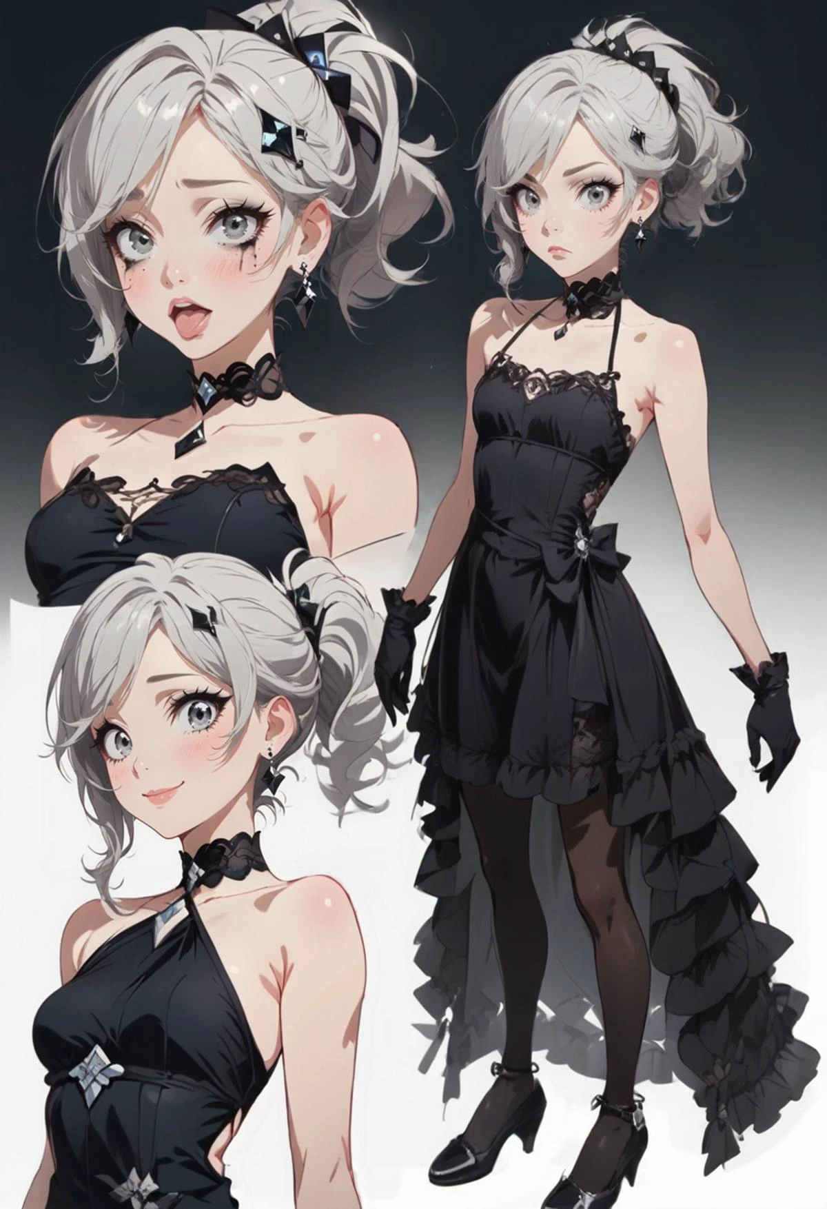 score_9, score_8_up, score_7_up, source_anime, source_cartoon, 1girl, full body, grey eyes, grey hair, ponytail, hair ornament, earrings, black diamond earrings, eyeliner, small breasts, no sleeves, bare shoulders, black choker,  gloves, black gloves, choker, dress, black dress, short dress, crinoline, (black pantyhose), black high heels, smiling, shy,  conceptart, multiple views, simple background, looking at viewer