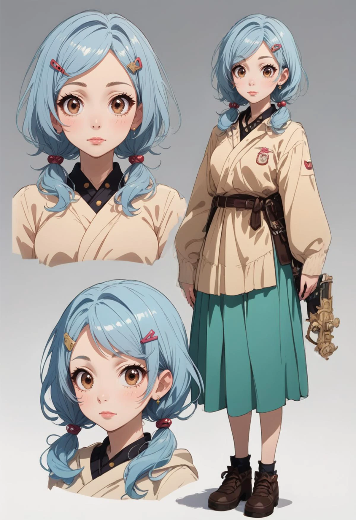 score_9, score_8_up, score_7_up, source_anime, source_cartoon, 1girl, full body, light blue hair, medium hair, twintails, uneven twintails, hairclip, colored inner hair, hair intakes, brown eyes, arched bangs, straight hair, conceptart, multiple views, simple background, looking at viewer 
