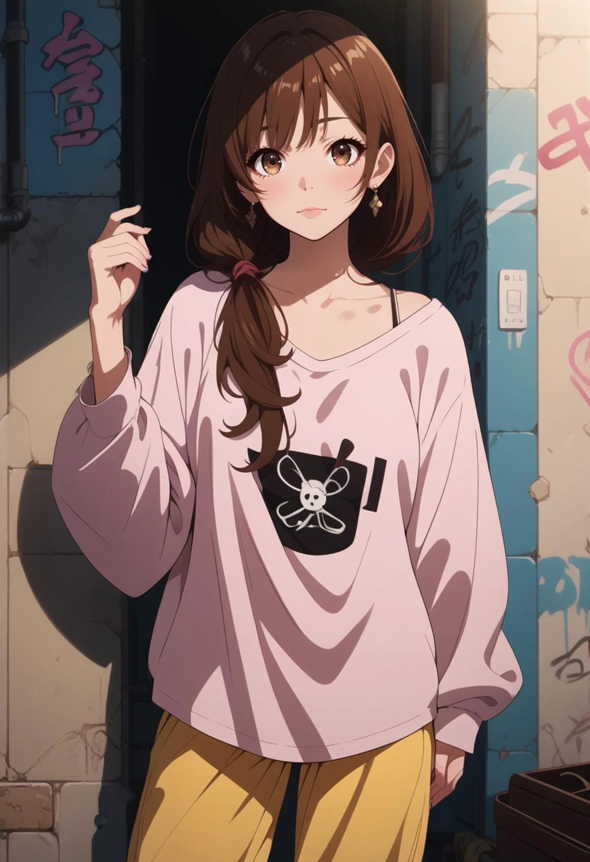 ((score_9), score_8_up, score_7_up), score_6_up, score_4_up, score_5_up, source cartoon, source anime, girl posing at wall with graffiti in alley, standing, 1girl, solo, brown hair, long hair, high ponytails, makeup, long bangs, arched bangs, oversized clothes, oversized pants, oversized shirt,  