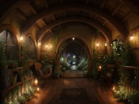 <lyco:hobbit house_v1.0:1.0>  hobbit house, flowery, organic, sun room, realistic, night