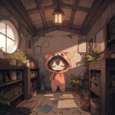 best quality,hobbit home,botanical art,
(solo,chibi:1.2),sleeping,bear kigurumi,
indoors,
<lora:hobbit house_v1.0:0.8:stop=10>,
...