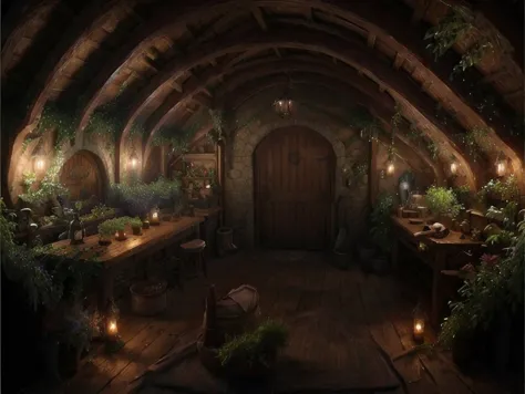 <lyco:hobbit house_v1.0:1.0>  hobbit house, flowery, organic, attic, realistic, night, lightning