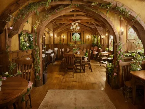 <lyco:hobbit house_v1.0:1.0>  hobbit house, flowery, organic, Dining Room, realistic