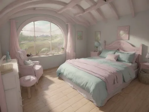 <lyco:hobbit house_v1.0:1.0>  hobbit house, pastel colors, bedroom, realistic