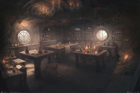 <lyco:hobbit house_v1.0:1.0>
anime, hobbit home
magic world, ancient times, study room, balcony, glass dome
lots of bookshelves,...