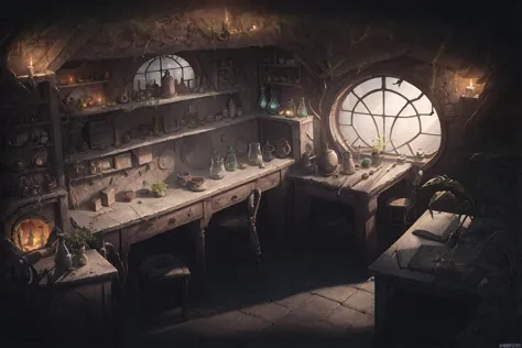 <lyco:hobbit house_v1.0:1.0>
anime, hobbit home
magic world, ancient times, study room, balcony, glass dome
lots of bookshelves,...