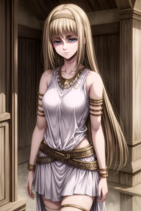 a woman in a dress with long blonde hair and a sword