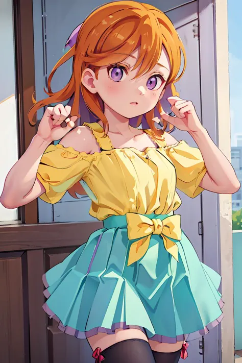 anime girl with red hair and yellow shirt posing in front of a window